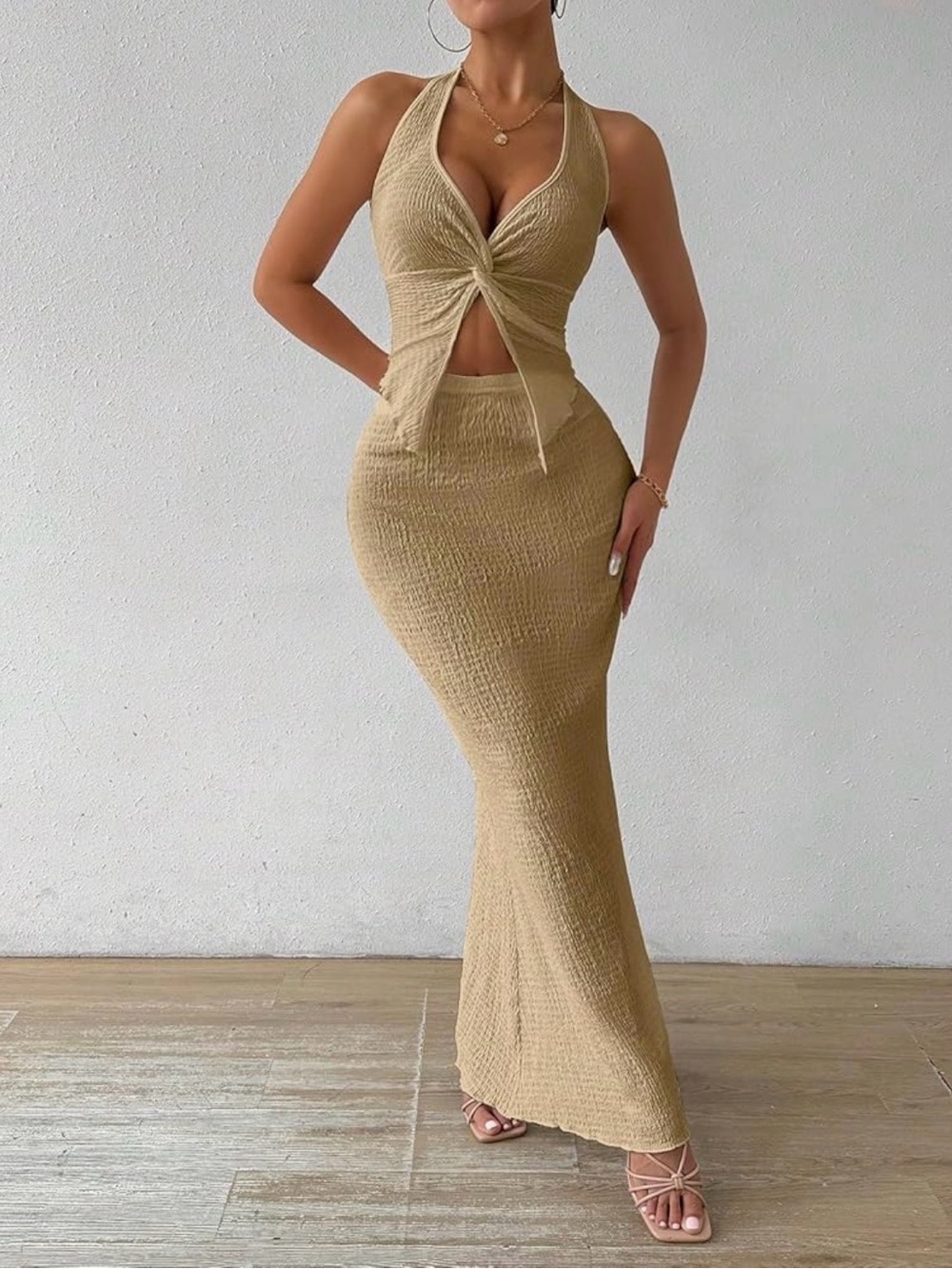 QJQ 2 Piece Outfits Summer Twist Front Halter Tank Tops Bodycon Large Long Maxi - Picture 6 of 10